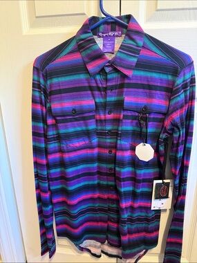 Cowgirl Tuff Women's Striped Button-Down Shirt in Purple, Teal, and Pink